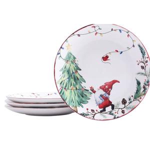 Bico Christmas Gnomes Salad Plates Set of 4, 8.75 Inch Ceramic Dessert Plates for Salad, Appetizer, Side Dishes, Microwave and Dishwasher Safe, Gift for Housewarming and Christmas