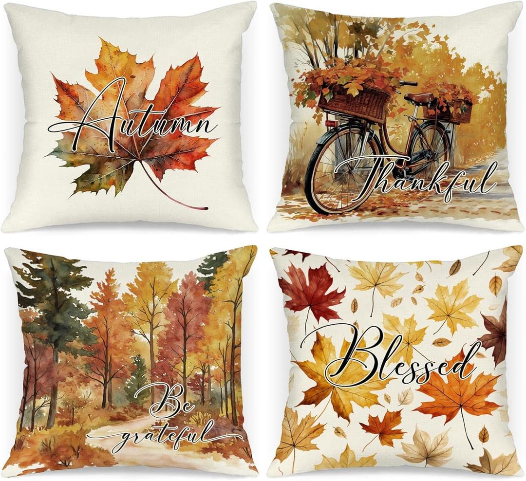 Fall 16x16 Throw Pillow Covers Set of 4, Watercolor Pumpkin Bicycle Decorative Holiday Pillow Case 16 x 16 Autumn Cushion Covers Thanksgiving Pillowcase for Indoor Home Bedroom Sofa Decor