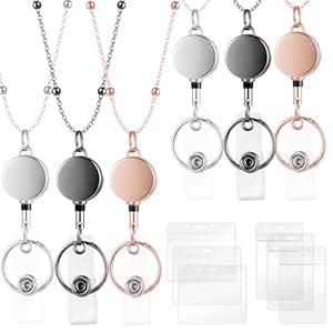 3 Packs Teacher Lanyards for ID Badges for Women, Cute Natural Stones Necklace, Universal Accessory Retractable Strap with 6 Clear Card Holders for Work Pass (3 Pack (Rose Gold&Silver&Black))