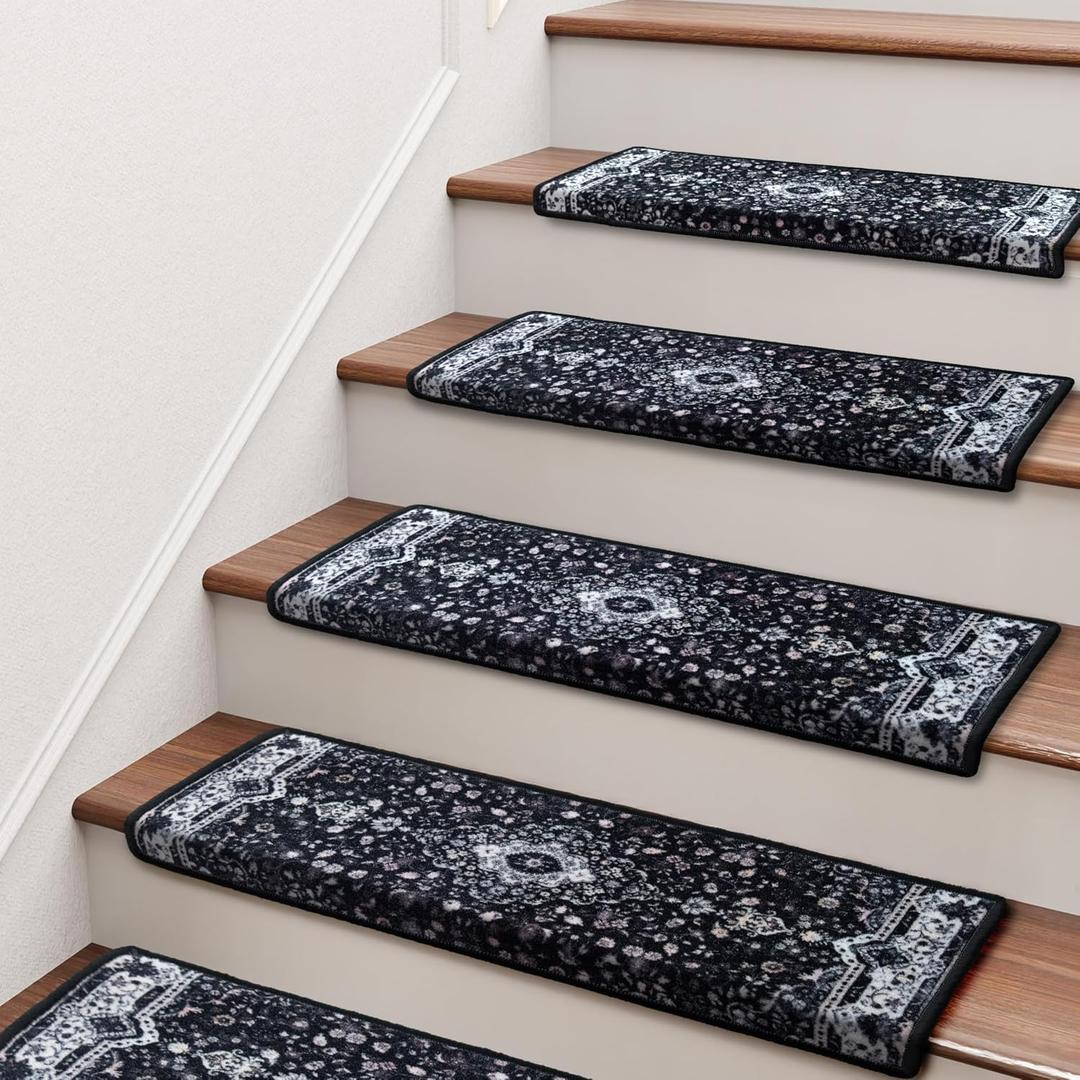Brakki Bullnose Stair Treads for Wooden Steps, Non Slip Stair Carpet for Indoor Runner and Pets, Soft Edging Staircase Protectors Reusable, Washable, 29.5"x9.5"x1.5" 14pcs, Black