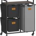 VASAGLE Laundry Hamper with 3 Compartments, 26.4 Gal. (100 L) Laundry Sorter, Rolling Laundry Cart with Shelves, Small Side Pockets, 6 Labels, Chestnut Brown, Ink Black and Dove Gray UBLH202B01 (Chestnut Brown + Ink Black + Dove Gray)