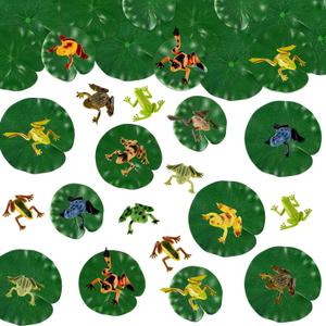 Hungdao 48 Pieces Mini Plastic Frog Toys  Artificial Lily Pads, Include Colorful Realistic Frogs Rainforest Animals Pond Toys  Floating Foam Leaves for Kids Sensory Bin Water Table Pool Cake Decor