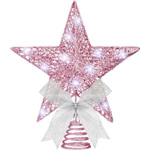 Sumind 9.8 x 11.8 Inch Christmas Star Tree Topper Glittered Star Metal Plug in Treetop Ornaments with Bow and 30 LED String Light for Christmas Tree Indoor Holiday Party Decoration(Pink)