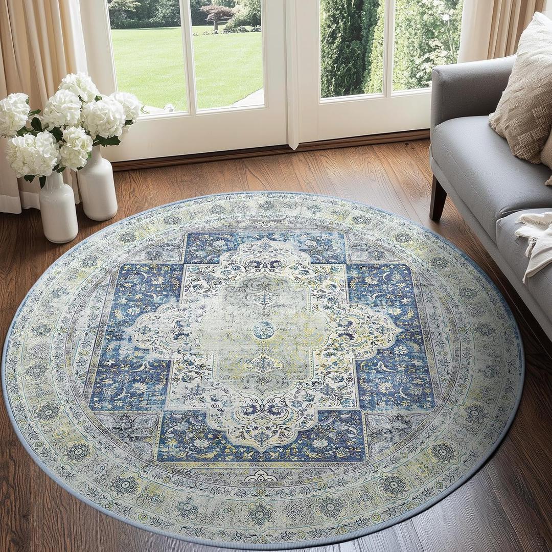 BESTSWEETIE 6ft Area Rugs Machine Washable No Pile Non Slip Vintage Rugs for Living Room&Bedroom&Dinning Room Bohemian Distressed Carpet Indoor,Blue