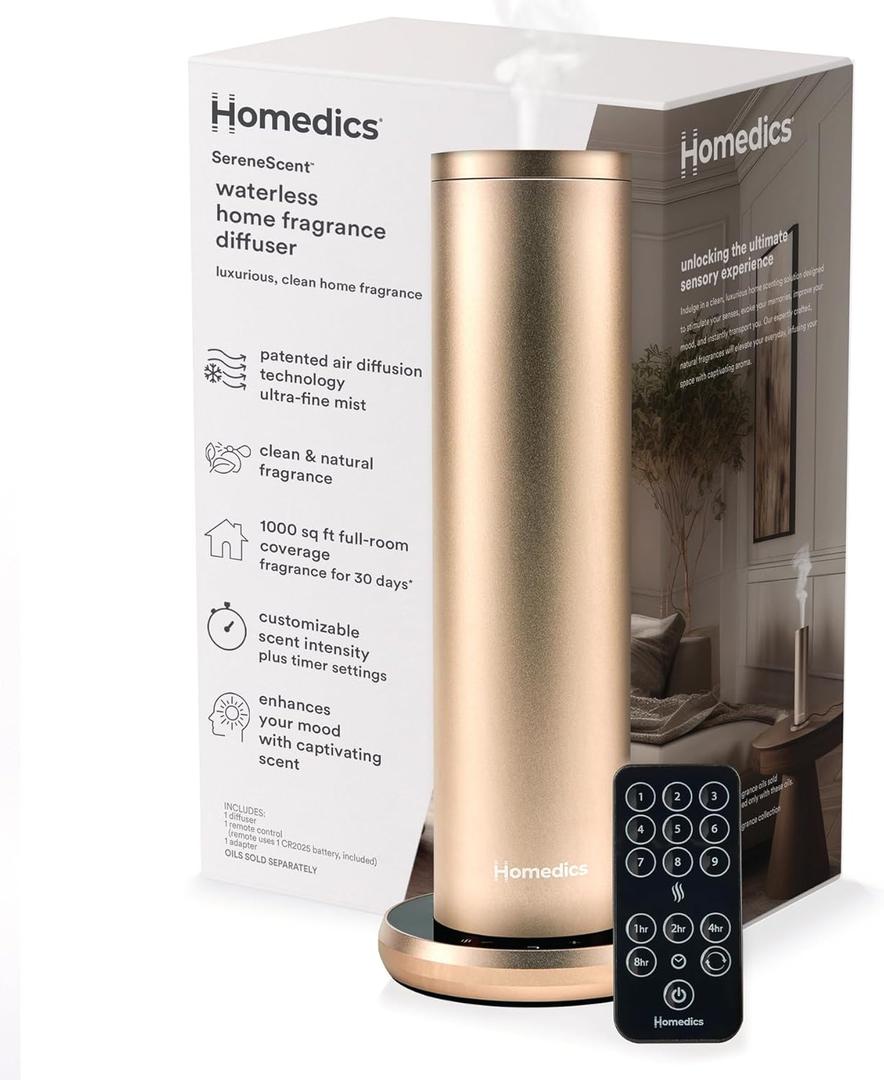 Homedics SereneScent Waterless Home Fragrance Diffuser, Use with Homedics SereneScent Oil (Sold Separately), Patented Air Diffusion Technology, Clean & Natural Fragrance, Enhances Mood, Champagne