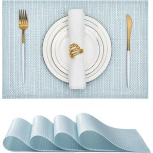 Leetaltree Sparkling Mist Blue Sequin Woven Vinyl Placemats, Set of 4 - Waterproof & Washable Dining Table Mats for Wedding, Anniversary, Daily Use, Hand-Cut