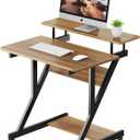 Dripex Computer Desk for Small Spaces, Z Shaped Small Computer Desk, 27.5 inch Compact Desk with Monitor Shelf and Bottom Storage Shelves, Space Saving Desk, Walnut