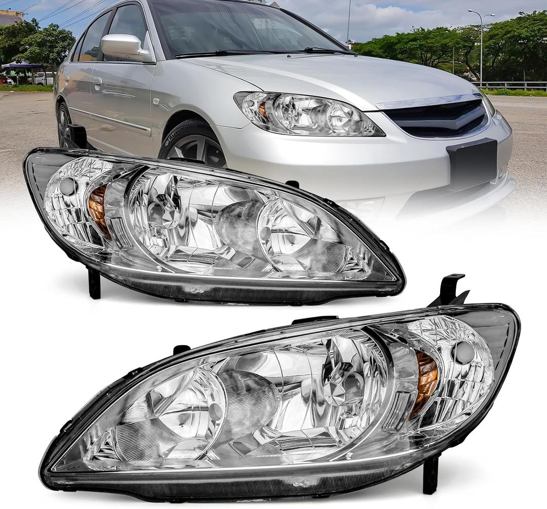 for 2004 2005 Honda Civic Headlights Assembly Compatible with 04 05 Honda Civic 2/4dr with Chrome Housing Amber Reflector Replacement Driver & Passenger Side