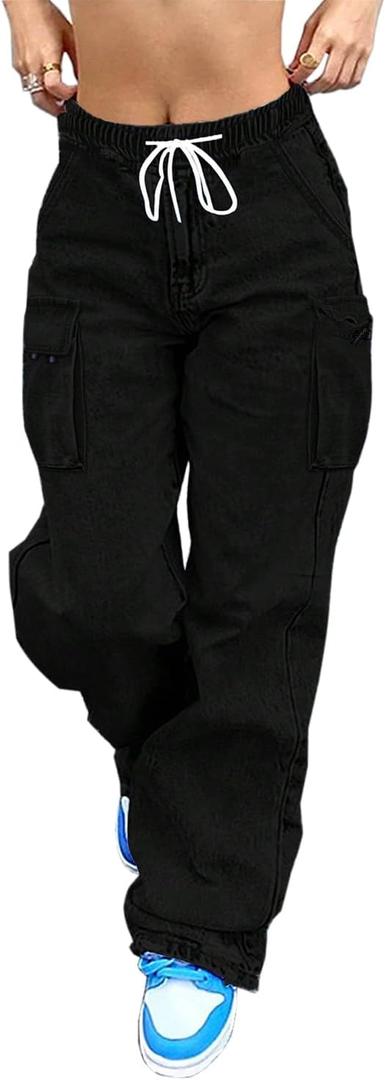 Mid Rise Cargo Jeans Women Elastic Waist Stretch Wide Leg Denim Pants with Pockets Baggy Streetwear Pants y2k, Medium 