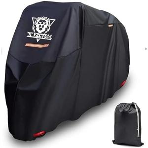 XYZCTEM Motorcycle Cover -Waterproof Outdoor Storage Bag,Made of Oxford Material Fits up to 96 inch, Compatible with Harley Davison and All Motors(Black& Lockholes& Professional Windproof Strap) XL
