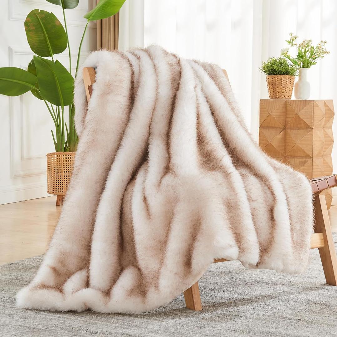 NEWCOSPLAY Faux Fur Throw Blanket Beige Luxury Fluffy Thick Warm Blanket for Couch Sofa Bed 1000GSM (Beige Thick, Throw(50"x60"))