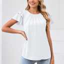 SimpleFun Womens Blouses Dressy Casual Work Tops Ruffle Short Sleeve Crew Neck Pleated Summer Shirts (White, L)