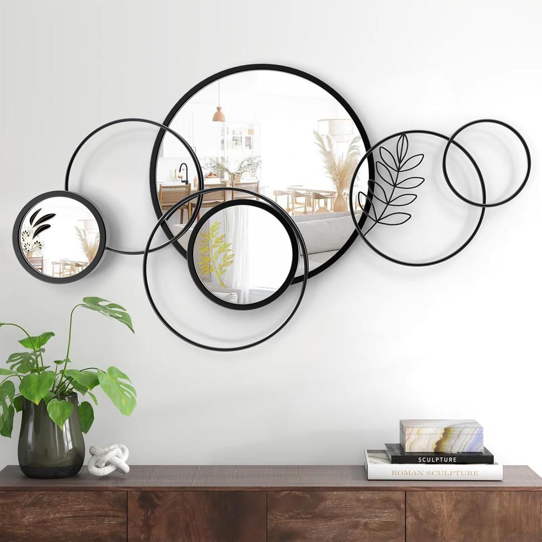 Wall Mirror Decorative, Print Round Decorative Mirrors, Large Decor Metal Wall Art Mirro for Entryway, Living Room, Bedroom, Dining Room Kitchen Decor 45''x25.5''