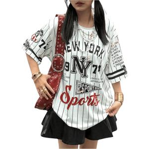 Women's Y2k Letter Print Short Sleeve Tee Shirts Striped Crewneck Drop Shoulder Loose T Shirts