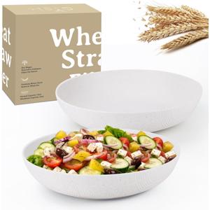 Wrova Salad Bowls 10inch Serving Bowls 65oz Large Salad Bowls Wheat Straw Bowls Set of 2 Wide and Shallow Plastic Salad Bowl for Kitchen Microwave & Dishwasher Safe.White