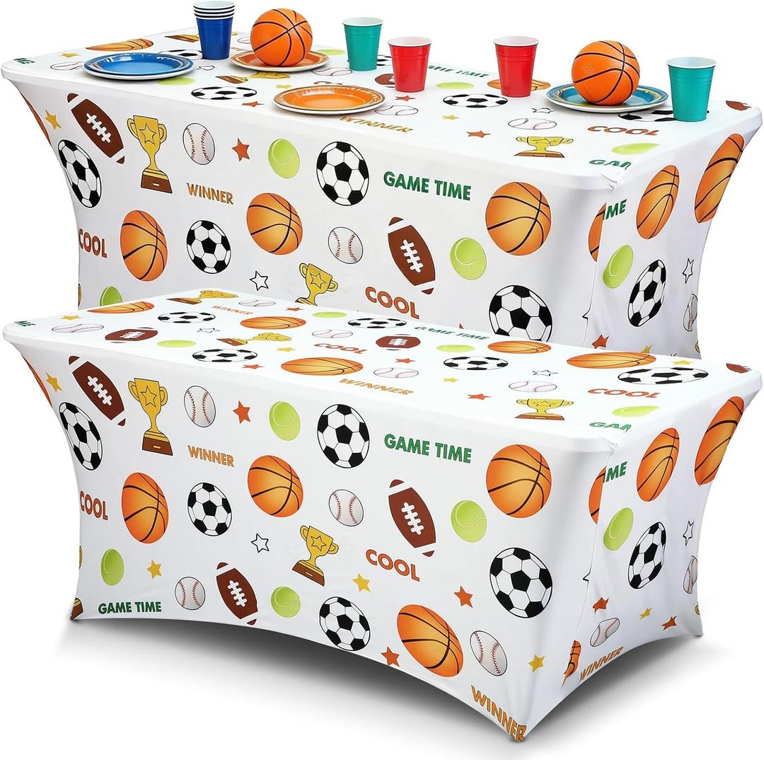 HunnmingRe 2 Pcs 6FT Sports Themed Spandex Tablecloth, Stretch Fitted Rectangle Table Cover with Leg Pockets, Soccer Basketball Baseball Football Print for Birthday Party Sports Game Decor