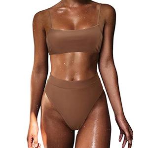 MOSHENGQI Women High Waisted High Cut Bikini Push Up Bandeau Swimsuits (M, Brown)