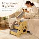 Wooden Dog Stairs, 3 Tier Stable Pet Steps with Non Slip Carpet Treads, 13.4 x 11.8 x 15.7 in Low Incline Indoor Pet Ramp for Sofa & Bed, Offering Reliable Support to Active Small Dogs and Senior Cats