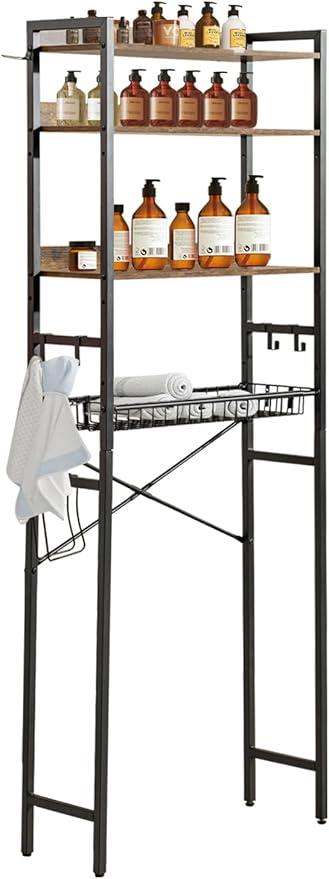 FurnitureR 4-Tier Over-The-Toilet Storage Shelf, Freestanding Bathroom Organizer with Adjustable Shelf & Basket, Space-Saving Rack Above Toilet, Rustic Brown