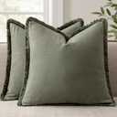 ANRODUO Set of 2 Decorative Throw Pillow Covers 1818 Inch Soft Linen Fringe Farmhouse Boho Vintage Cushion Cover with Tassels Accent Pillowcase for Couch Sofa Bed Living Room Spring Decor Olive Green