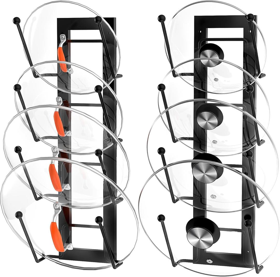 8 Layers of Adjustable Pot Lid Organizer Rack for Cabinet Door/Wall2Pack Lid Organizer Pots and Pans Holder for Kitchen Storage with No Drilling Adhesive (Black)