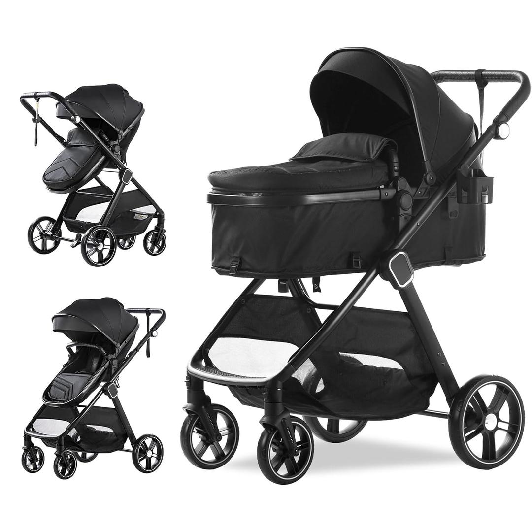 Trenana 2 in 1 Baby Stroller - High Landscape Infant Stroller with Reversible Bassinet, Adjustable Backrest & Canopy, Foldable Aluminum Alloy Anti-Shock for Newborns (Black)