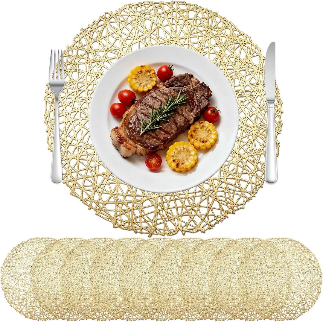 10 Pack Gold Round Placemats 15 Inch Vinyl Heat Resistant Table Mats