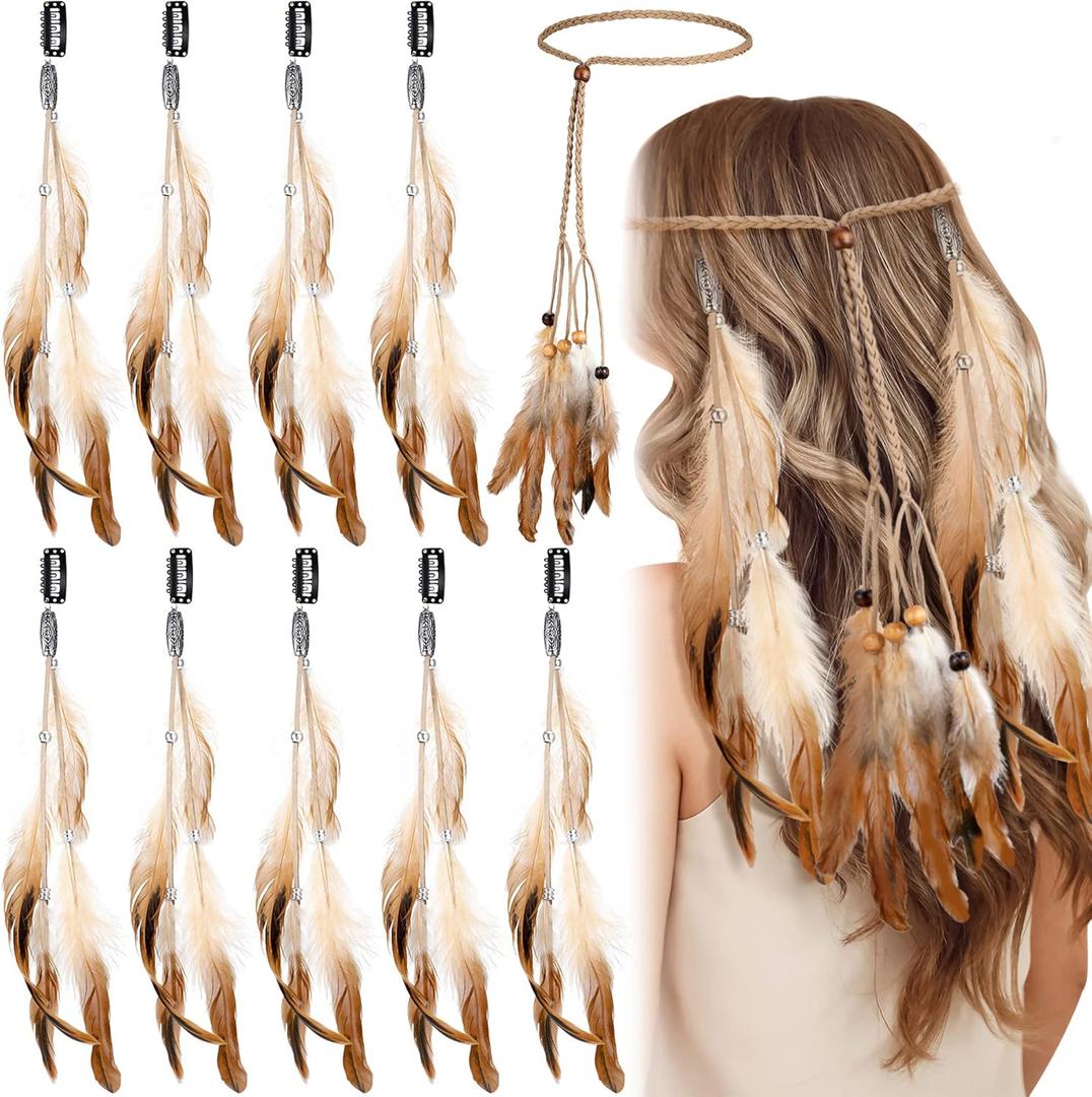 Bencailor 10 Pcs Women Feather Hair Extensions Clip in Boho Pirate Hippie Viking Halloween Cosplay Headdress Accessories (Khaki, Brown)
