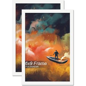 FULDGAENR 6x9 Picture Frame Set of 2, White Frames for 6 x 9 Inch Photo Poster Certificate, High Transparency Wall/Tabletop Frame with Horizontal Vertical Display (2 Pack | White | 6"x9")