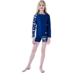 Girls Swimsuit Two Piece Rash Guard Set for 4-14 Years UPF 50+ UV Protective Long Sleeve Swimwear (Dark Blue/Unicorn)