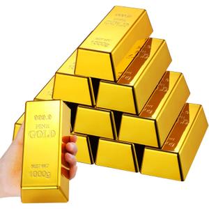 12 Pieces Fake Gold Bar Replica Golden Bullion Glittering Brick Decorative Movie Prop for Stage Decoration Halloween Pirate Party Supplies Funny Gifts (6.5 x 2.9 x 2 Inch)