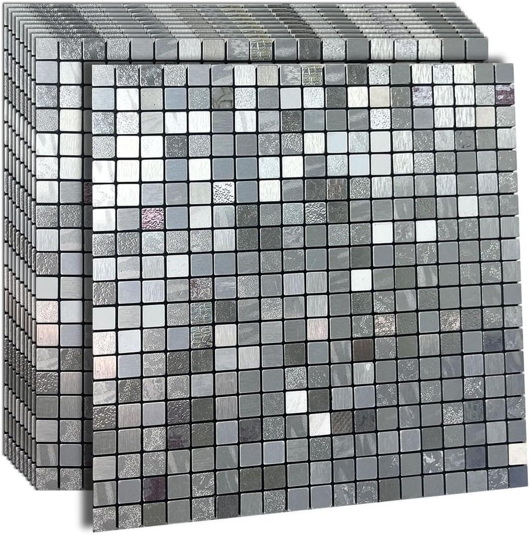 YMMXGE 10-Sheet Peel and Stick Metal Backsplash Tile Stick on Kitchen 3D Wall Decor Aluminum Mosaic Tiles for Bathroom, 12"x12"x0.15" (10, Mixed Silver)