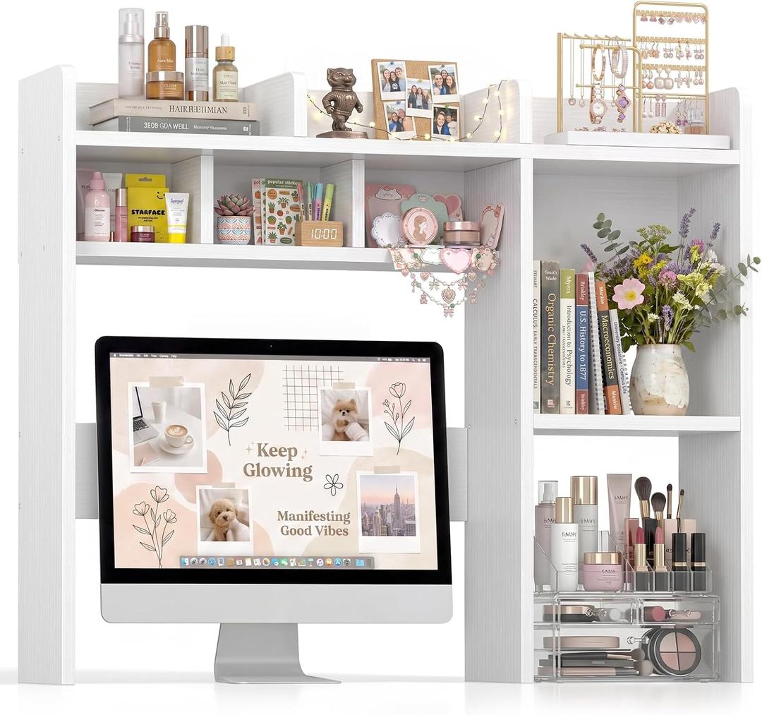NUTIKAS Desk Hutch White Desktop Bookshelf Shelf - 37 Inch Computer Desk Organizer for Dorm Room, Wood Storage Rack for Home Office Desktop Display Shelves, Small Bookcase for Top of Desk