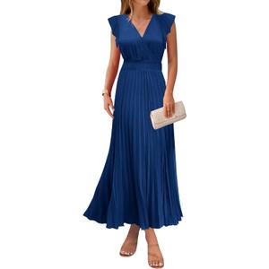 KIRUNDO Women's Summer Maxi Dresses Elegant V Neck Ruffle Flutter Sleeves Empire Waist Pleated Flowy Wedding Guest Dress (Blue, L)