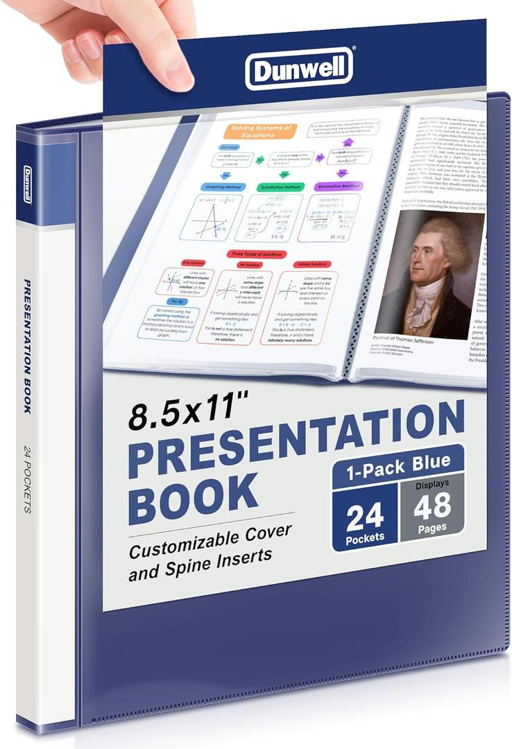 Dunwell Presentation Binder 24-Pocket, Displays 48 Pages, 8.5x11 Portfolio Binder with Plastic Sleeves, Storage and Organizer for Documents, Certificates, Projects, Photos (Blue)