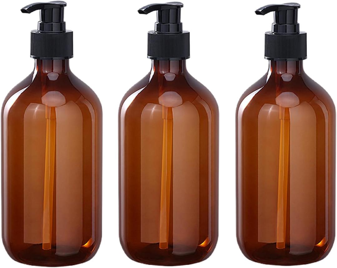 3 Pack Plastic Refillable Soap Dispenser with, 500ml (16oz) Hand Soap Dispenser Bottle Pump Container (Amber)