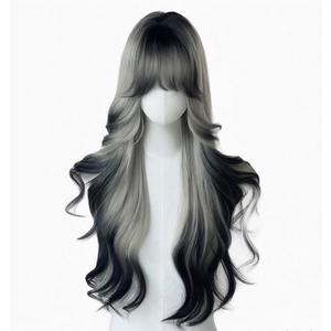 Black White Ombre Long Wavy Wig for Women Lolita Synthetic Curly Hair Wig with Bangs Natural Looking Heat Resistant Wigs for Daily Use
