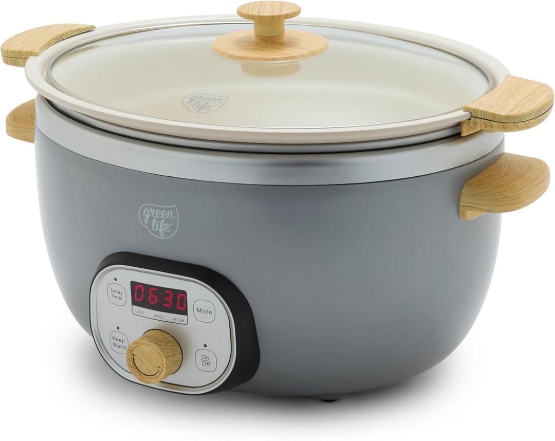 GreenLife 6QT Slow Cooker, Non-Toxic PFAS-Free Ceramic Nonstick Removable Interior Bowl, Programmable, Family Friendly, Keep Warm, Stovetop & Oven Safe, Dishwasher Safe Crock, Timer, Glass Lid, Gray, 6 Quarts