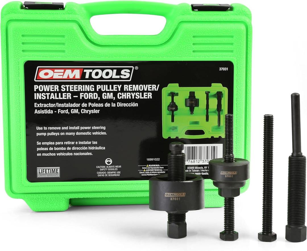 OEMTOOLS Power Steering Pulley Puller and Installer Kit, Removes and Installs Power Steering Pump Pulleys on Most Domestic Vehicles, Ford, GM, VW, 37031 Green Case