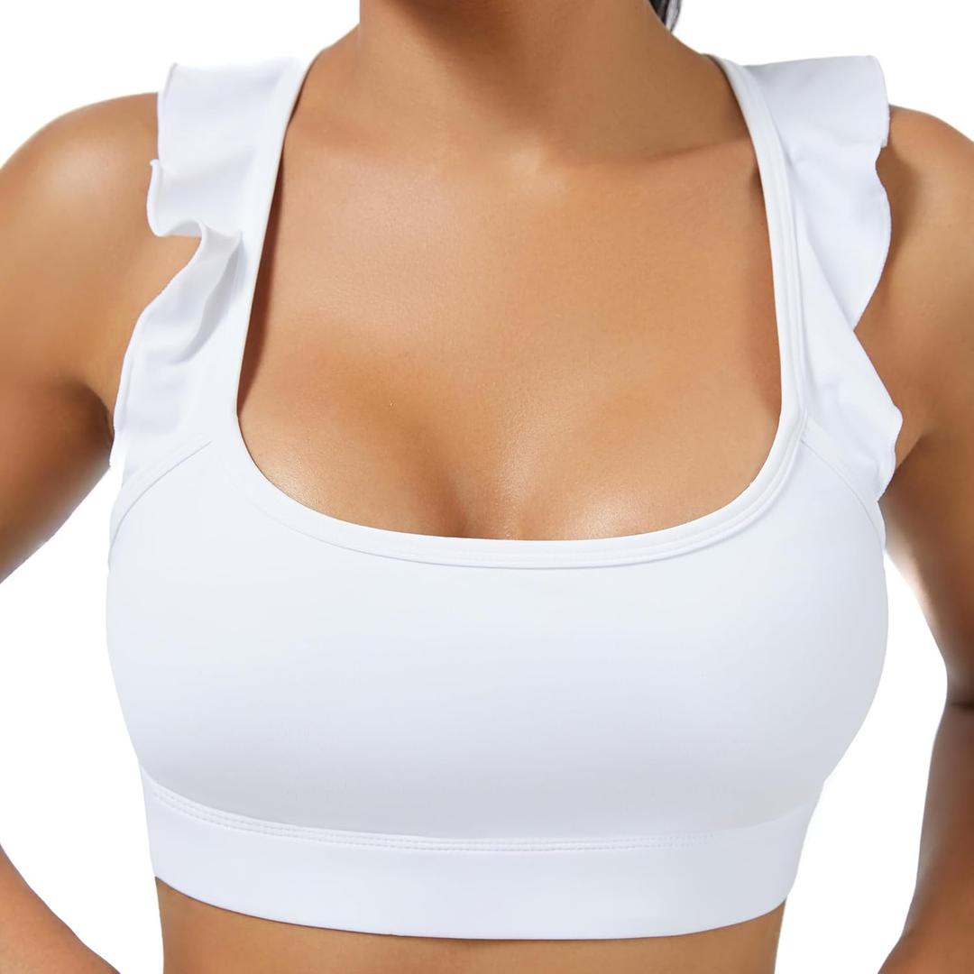 TDCQZY Women's Sports Bras Ruffled Y Back Padded Racerback Supportive Workout Yoga Bra (White, XL)