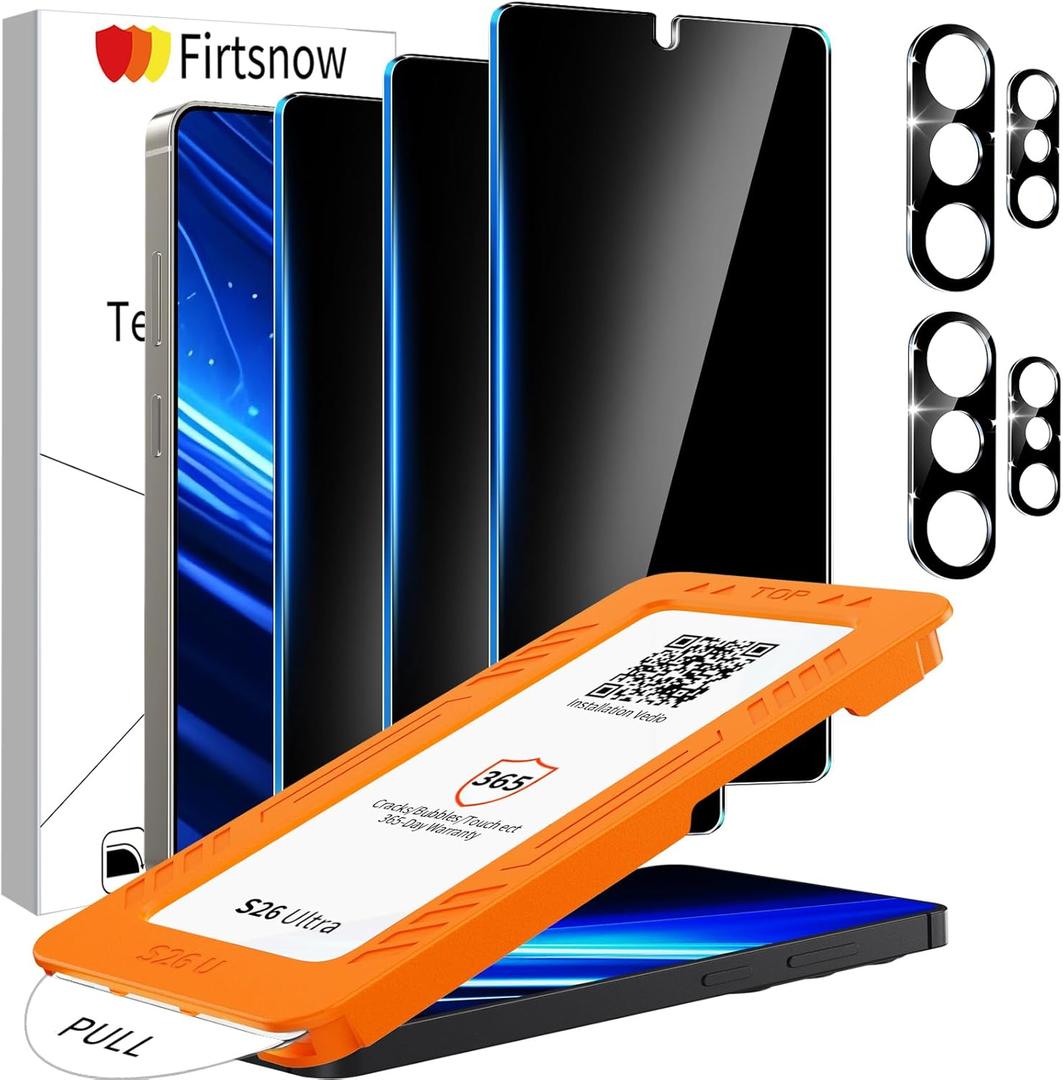 2 x 3 Pack Privacy Screen Protector for Samsung Galaxy S26 Ultra Tempered Glass + 2 Pack Camera Lens Protector, True 25Anti Spy, Military Grade Shatterproof, 9H+ Hardness, Auto Alignment Frame 6.9" (Black)