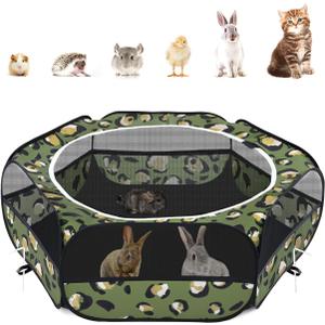 Pawaboo Small Animals Playpen, Waterproof Small Pet Cage Tent with Zippered Cover, Portable Outdoor Yard Fence with 3 Metal Rod for Chick/Kitten/Puppy/Guinea Pig/Rabbits/Hamster, Leopard Print