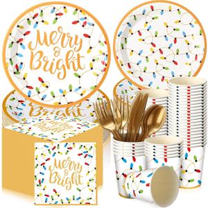 Nitial 240 Pcs Christmas Paper Plates and Napkins Serve 30 Guests Christmas Party Supplies Disposable Xmas Tableware Set Plates Napkins Cups with Knife Fork Spoon(White,Christmas Lights Style)