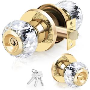 Crystal Door Knobs with Lock and Keys with Privacy Lock, Luxurious Diamond Classic Interior Glass Door Knobs for Bedroom Bathroom Gold,1 Pack