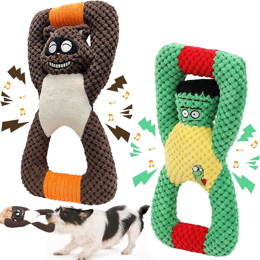 Squeaky Dog Chew Toys for Aggressive Chewers, Dog Toys for Large Medium Small Breed, Indestructible Tough Durable Dogs Toys Interactive Puppy Teeth Clean Natural Rubber(Raccoon & Zombie)