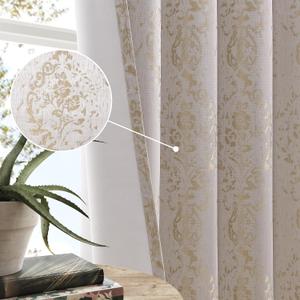 100% Blackout Damask Printed Curtains for Bedroom 84 Inch Length 2 Panels Set Gold Cream Grommet Flower Patterned Faux Silk Textured Curtains for Living Room Boho Vintage Room Darkening Window Drapes
