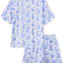 Women Easter Pajamas Set Cute Bunny Button Down Shirt and Shorts 2 Piece Pj Set Y2K Easter Outfits (Blue, M)