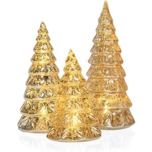Red Co. 9, 7.5, 6 Light-Up Glass Christmas Tree Tabletop Display Figurine Set of 3 Sizes, Mercury Gold