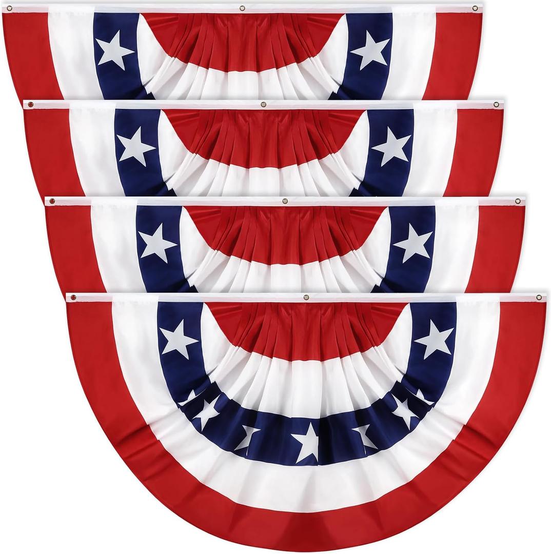 American Bunting Flags Outdoor 3x6 FT, 4th of July Pleated Large Fan Flags, USA Patriotic Banner Decorations for Outside Porch Door Yard Garden, Red White and Blue Decor, 4 Pack