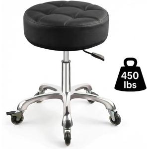 Rolling Stool with Wheels, 12cm/4.7" Ultra Thick Cushion, Adjustable Height 19.8-25 Inch, 360° Swivel Heavy Duty Stool, 450lbs Capacity PU Leather Seat for Massage Salon Tattoo Medical Spa, Black, Ultra-large